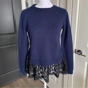 Autumn Cashmere Navy Blue Crewneck 100% Cashmere Sweater with Black Lace Size S